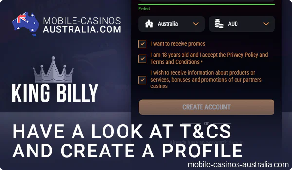 Accept King Billy casino terms and conditions and complete account registration