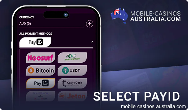 Select PayID in the withdrawal section of the mobile casino