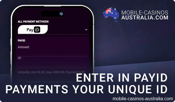 Enter the amount and details for withdrawal via PayID from mobile casino