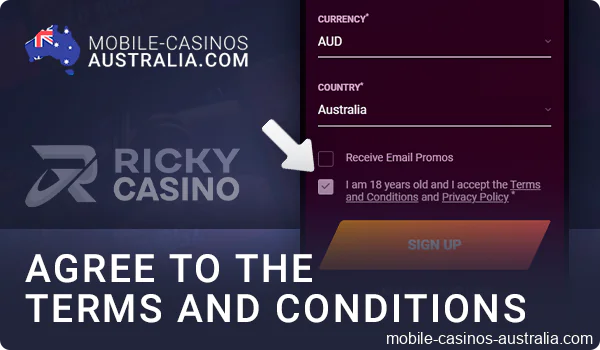 Accept Ricky Casino terms and conditions when create account