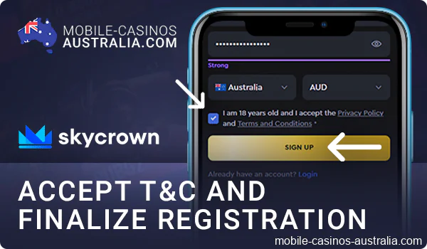 Agree to SkyCrown terms and conditions and complete your new account registration